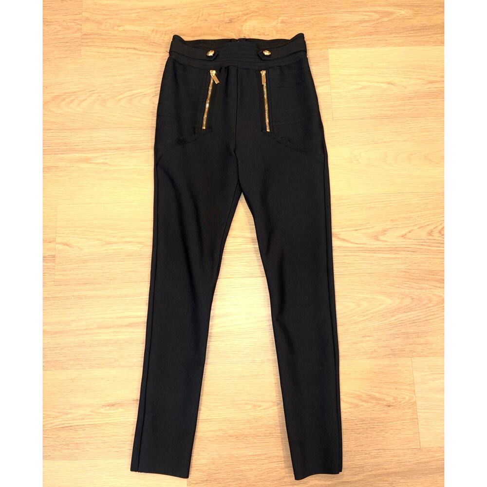 Karen Millen spandex thick ribbed legging gold button & zippers womens medium
